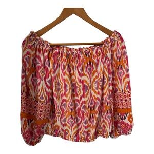 Christian Siriano Women's Cropped Boho Blouse Pink Orange Puff Sleeves Size M